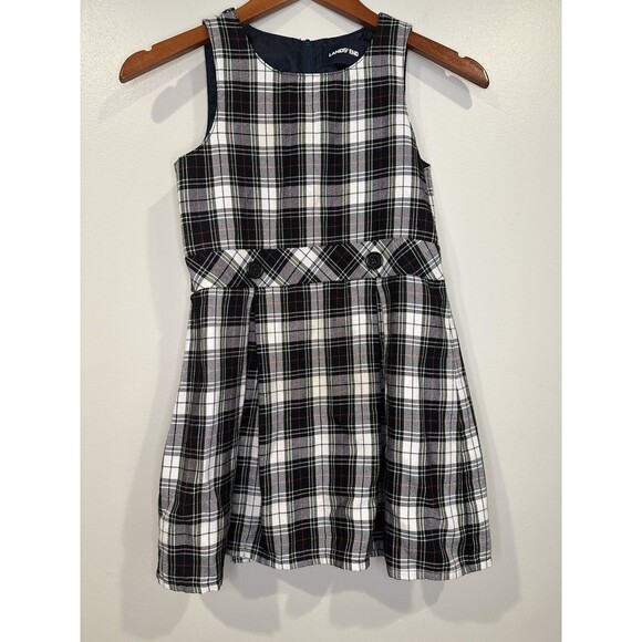 Lands' End Girls Blue Green Plaid Sleeveless Dress Pleated Button Size 7 Holiday - Picture 1 of 8